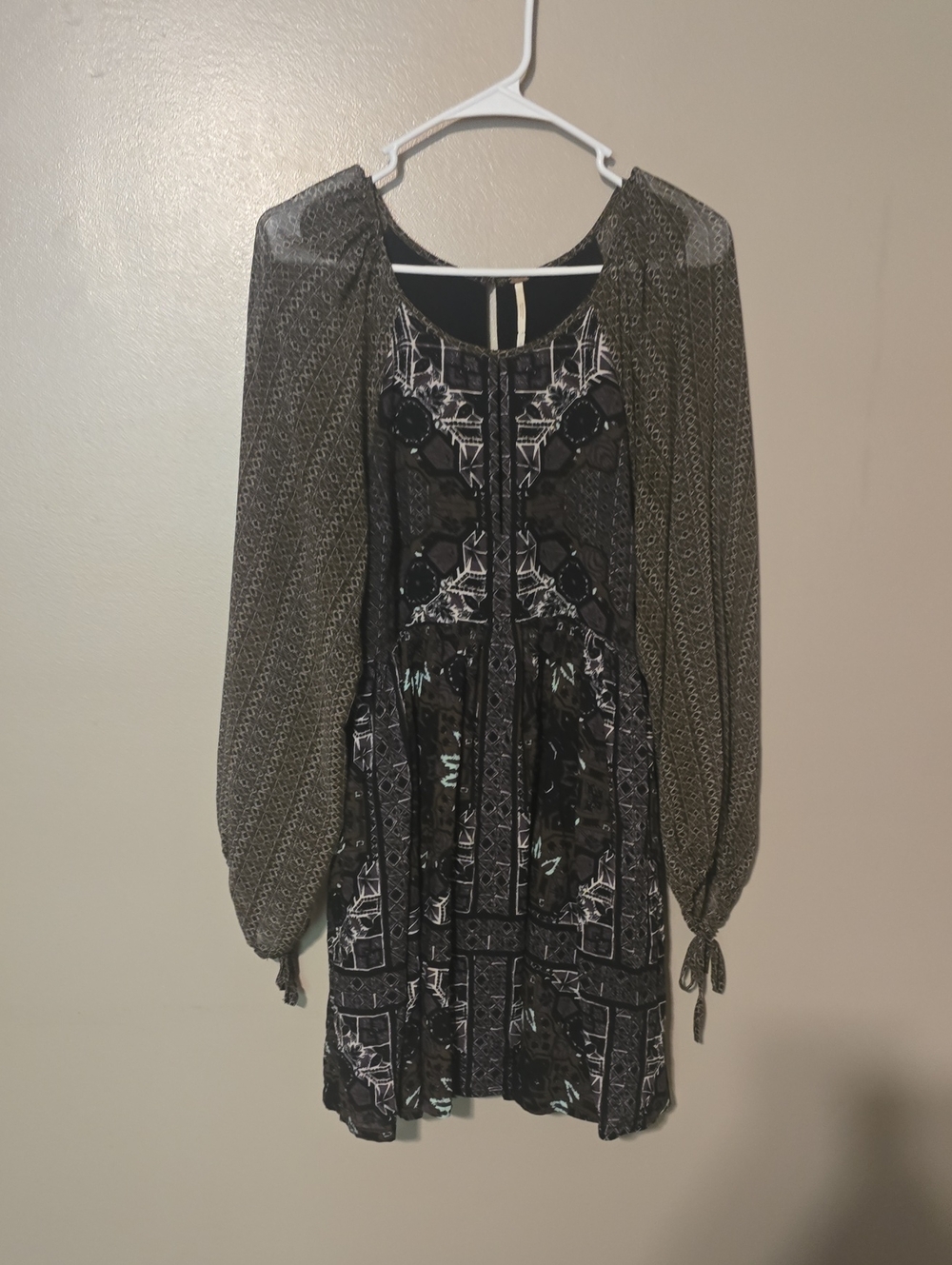 Free People Oskana Long Sheer Sleeve B/W Aqua Gray Peasant Boho Mini Dress 6 - Picture 2 of 4